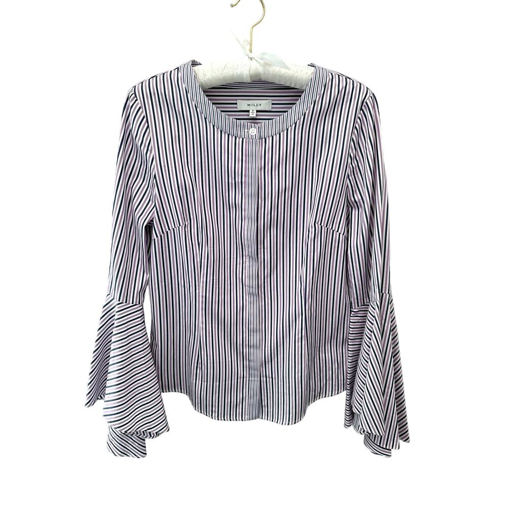 MILLY | Striped Bell Sleeve Blouse Purple Navy Cotton Top | Size 8